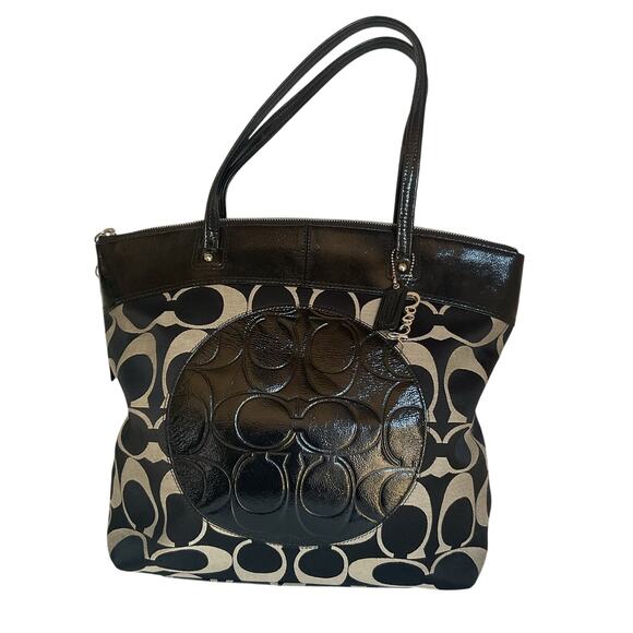 Coach Signature Black Khaki Patent Leather Trim Tote Bag Purse - Picture 1 of 11